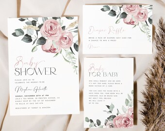 May include: Baby shower invitation and inserts with floral accents. The invitation features the text "Baby Shower" in elegant script, with event details. The inserts include a diaper raffle and a request for books for the baby.