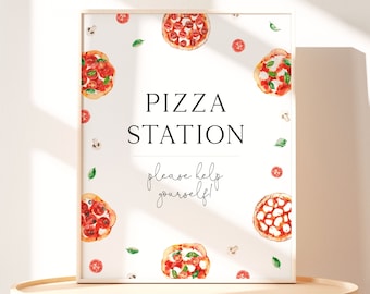 Peut inclure: Une pancarte blanche avec le texte "Pizza Station" et "Please help yourself!" entourée d'illustrations à l'aquarelle de parts de pizza, de champignons et de tomates.