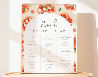 May include: A printable poster with a pizza theme for a child's first birthday. The poster is decorated with watercolor illustrations of pizza slices and has a white background. The poster includes the child's name, Noah, and details about their first year, including their height, weight, favorite foods, books, and toys.