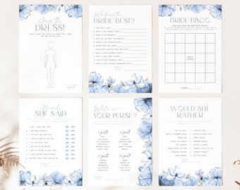 Dusty Blue Bridal Shower Games Bundle. Blue Floral Printable Bridal Shower Games Editable Games Watercolor Blue Bridal Brunch Wildflower BF2