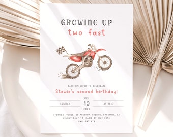 Plantilla de invitación de cumpleaños para dos motos de cross rápidas. Invitación de moto de cross Invitación de segundo cumpleaños Invitación de cumpleaños de motocross editable para niños D2
