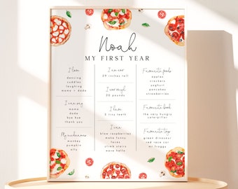 May include: A watercolor illustration of a pizza-themed first birthday chart for a baby named Noah. The chart lists things Noah loves, can do, and his favorite foods, book, and toys. The chart is decorated with watercolor illustrations of pizza, tomatoes, and basil.