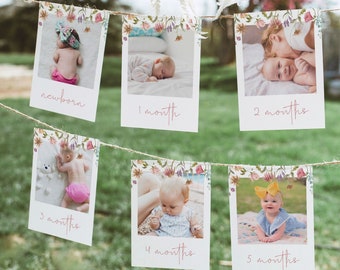 Może przedstawiać: Girlanda kwiatowa ze zdjęciami dziecka w różnym wieku. Zdjęcia są w ramce w stylu Polaroid, a każde zdjęcie ma podpis z wiekiem dziecka. Podpisy to "noworodek", "1 miesiąc", "2 miesiące", "3 miesiące", "4 miesiące" i "5 miesięcy".