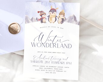 May include: A winter wonderland themed party invitation with a watercolor illustration of three penguins on a snowy mountain. The text reads "Waddle on over to our Winter Wonderland. Amelia's turning one! Saturday, 21st February, 1PM. Amelia's House, 60 Seabright Avenue, Santa Cruz, California, 95062-3422. Kindly RSVP to Sally by February 1st. 0412 345 678"