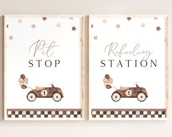 Pit Stop Sign Refueling Station Sign Vintage Race Car Birthday Party Table Sign Editable Template Neutral Race Car Sign 1st Birthday R10 R7