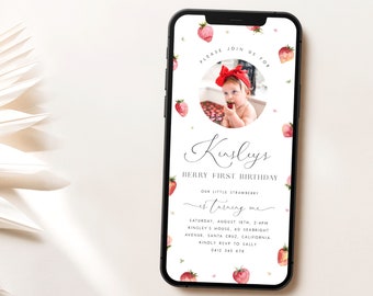 Berry First Birthday Evite with Photo. Strawberry Digital Invitation Strawberry Birthday Girl Editable Berry Evite for Girls Text Invite, B3