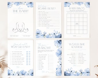 Puede incluir: Un conjunto de tarjetas de juego de baby shower imprimibles con diseños florales azules. Los juegos incluyen "Dibuja al bebé", "¿Quién conoce mejor a mamá?", "Baby Bingo", "Adivina quién lo dijo: ¿Mamá o papá?", "El precio es correcto" y "¿Preferiría".