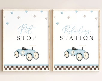 Pit Stop Sign Refueling Station Sign Vintage Race Car Birthday Party Table Sign Editable Template Blue Race Car Sign 1st Birthday Boy R11 R7