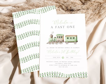 Editable Train 1st Birthday Invitation Template. Chugga Choo Choo First Birthday Invite Green Train Birthday Invite Train Party for Boys TR1