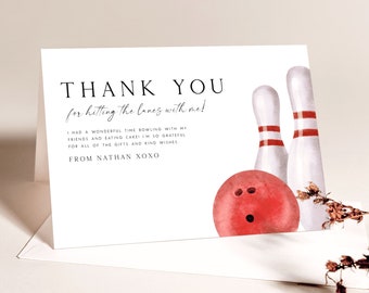 Bowling Thank You Card Editable Template Bowling Party Birthday Thank You Card Kids Bowling Birthday Party Folded Tent Card Gift Tag DIY BW1
