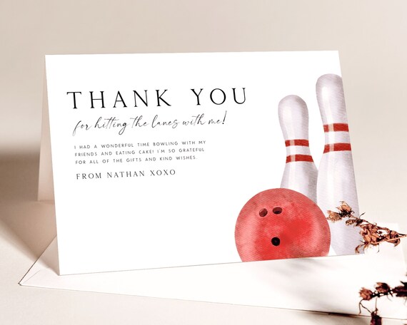 Bowling Thank You Card Editable Template Bowling Party Birthday Thank You Card Kids Bowling Birthday Party Folded Tent Card Gift Tag DIY BW1 - Etsy