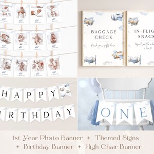 May include: A set of printable decorations for a first birthday party with a blue and white airplane theme. The set includes a banner with the words "Happy Birthday", two signs that say "Baggage Check Park your gifts here" and "In-Flight Snacks Refuel for the adventure ahead", and a high chair banner that says "One".
