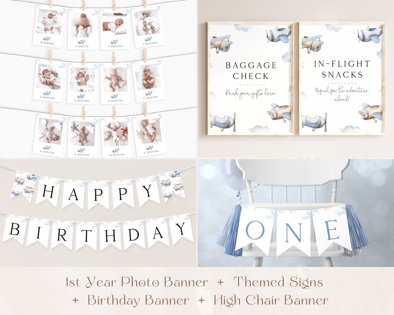 May include: A set of printable decorations for a first birthday party with a blue and white airplane theme. The set includes a banner with the words "Happy Birthday", two signs that say "Baggage Check Park your gifts here" and "In-Flight Snacks Refuel for the adventure ahead", and a high chair banner that says "One".