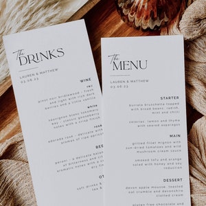 Modelo de menu de casamento moderno, cartão de menu de jantar de casamento faça você mesmo, download instantâneo, menu de casamento imprimível Templett, menu editável 5x7 4x9 - Lauren