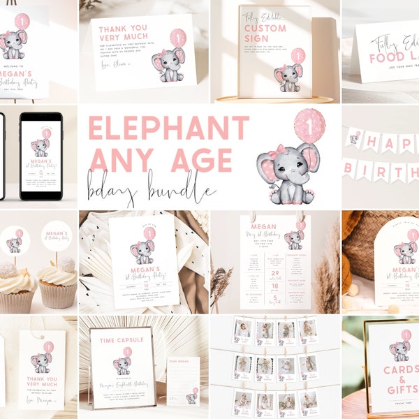 Elephant 1st Birthday Bundle. Elephant Birthday Party Bundle Pink Elephant Invitation Bundle Balloons Birthday for Girls Template Bundle PB7