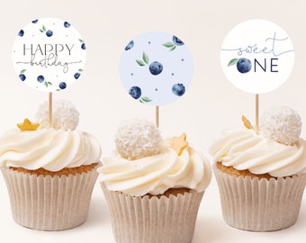 Blueberry Cupcake Toppers Template. Berry First Birthday Blueberry Cupcake Toppers Printable Blueberry Birthday Editable Favor Tags B6 B7