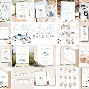 Fast One Race Car Bundle First Birthday Bundle Vintage Race Car 1st Birthday Invitation Bundle Race Car Party Decor Editable Template R11 R7