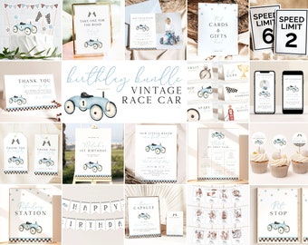 Fast One Race Car Bundle First Birthday Bundle Vintage Race Car 1st Birthday Invitation Bundle Race Car Party Decor Editable Template R11 R7