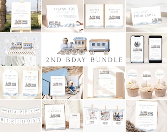 Chugga Chugga Two Two Birthday Bundle Set Blue Train Boys 2nd Birthday Party Bundle Choo Train Invitation Editable Train Birthday Invite TR2