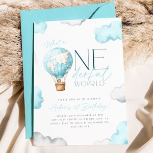 Onederful World First Birthday Invitation Template Onederful First Year Onederful Birthday Blue Hot Air Balloon Editable Invite for Boys ON3