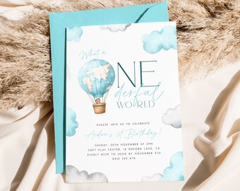 Onederful World First Birthday Invitation Template Onederful First Year Onederful Birthday Blue Hot Air Balloon Editable Invite for Boys ON3