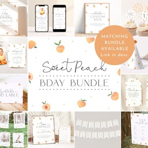 Op de afbeelding: Een printbare feestbundel met een perzikthema. De bundel bevat uitnodigingen, voedseletiketten, een bord, een banner, cupcaketoppers, feestmutsen en bedankkaartjes. Het ontwerp bevat aquarelperziken en gouden confetti.