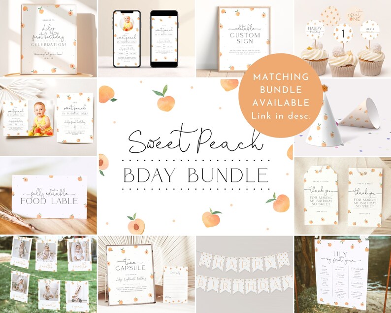 Op de afbeelding: Een printbare feestbundel met een perzikthema. De bundel bevat uitnodigingen, voedseletiketten, een bord, een banner, cupcaketoppers, feestmutsen en bedankkaartjes. Het ontwerp bevat aquarelperziken en gouden confetti.
