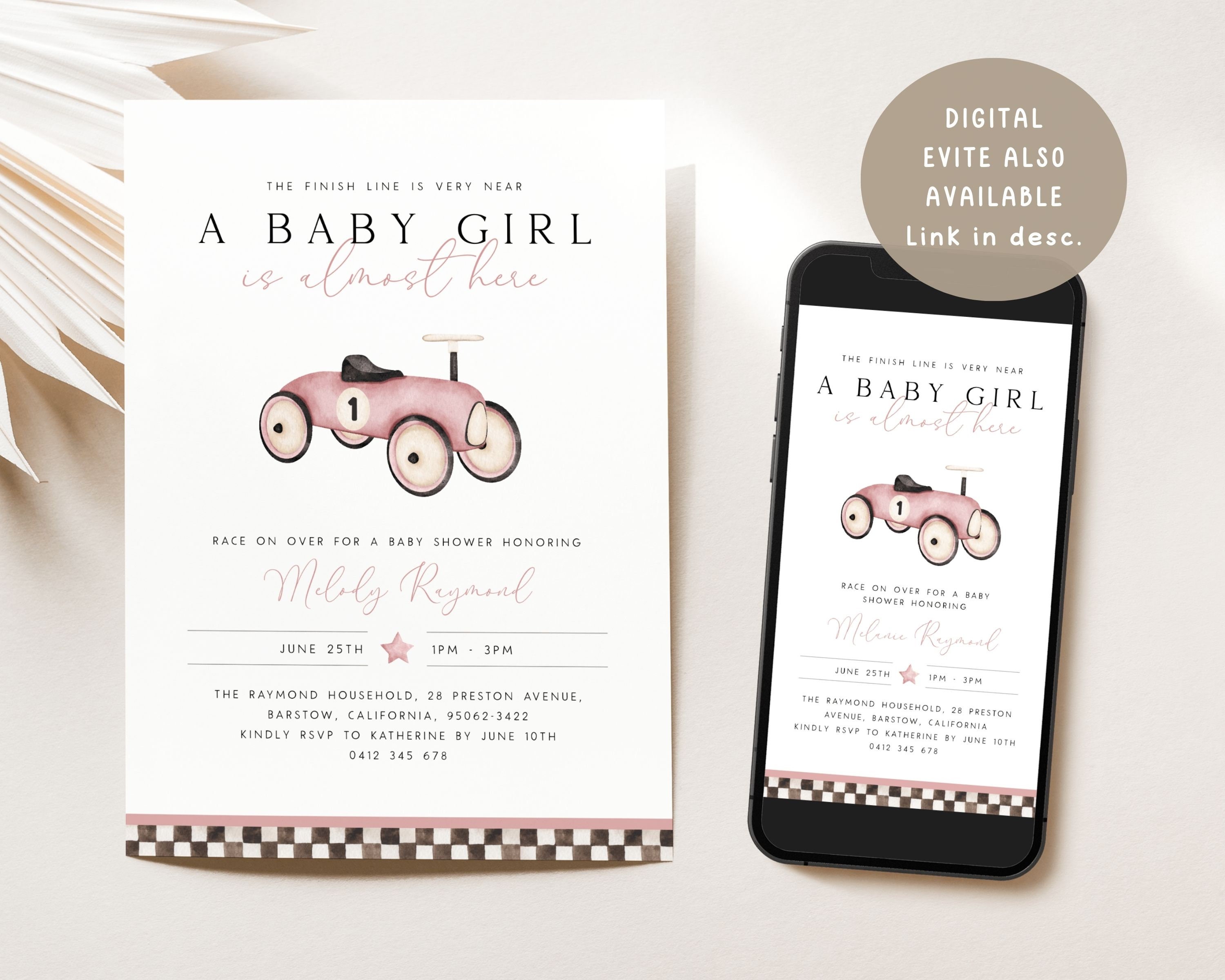 Baby Girl Race Car Baby Shower Invitation Template Vintage Race Car ...