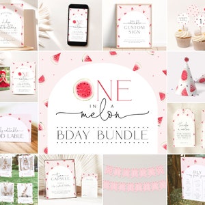 One in a Melon Birthday Invitation Bundle, Printable Watermelon Invitation Template Bundle Girls Watermelon 1st Birthday Bundle Party Set M1