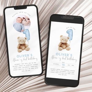 May include: A blue and white digital invitation for a first birthday party. The invitation features a teddy bear holding a blue balloon with the number one on it. The text on the invitation reads "Oliver's Bear-y first birthday" and includes the date, time, and location of the party.