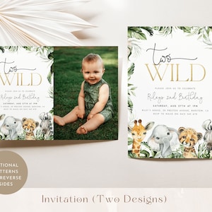 May include: Two jungle-themed birthday invitations with a green, leafy border. The invitations feature a gold inscription that reads "Two Wild" and a photo of a baby boy. The text on the invitation reads "Please join us to celebrate Riley's 2nd Birthday, Saturday, Aug 27th at 1pm, Riley's House, 28 Preston Avenue, Barstow, CA, RSVP to Maisie on 0412 345 678".