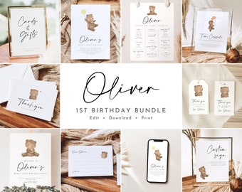 May include: A printable 1st birthday party bundle featuring a bear theme. The bundle includes a welcome sign, thank you cards, a time capsule sign, a custom sign, and a printable invitation. The colour scheme is brown, beige, and white.