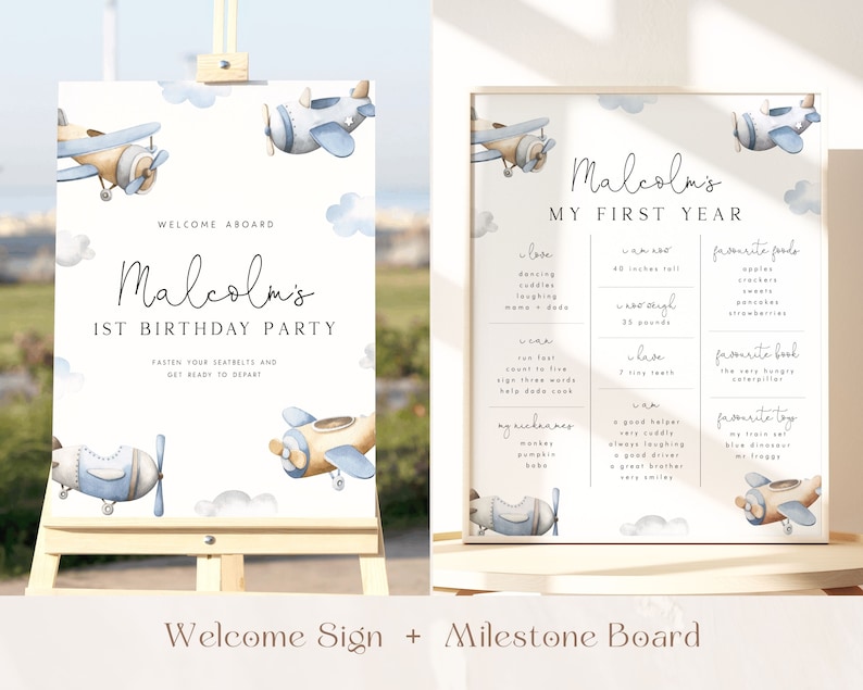 May include: A blue and white welcome sign and milestone board for a first birthday party. The sign features a watercolor illustration of a blue and brown airplane with clouds. The text on the sign reads "Welcome Aboard Malcolm's 1st Birthday Party". The milestone board features a watercolor illustration of a blue and brown airplane with clouds. The text on the board reads "Malcolm's My First Year". The board lists milestones such as "I love", "I can", "I weigh", "I have", "I am", "My nickname", "I am a", "Favorite foods", "Favorite book", "Favorite toys".