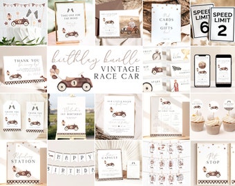 Fast One Race Car Bundle First Birthday Bundle Vintage Race Car 1st Birthday Invitation Bundle Race Car Party Decor Editable Template R10 R7