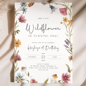 Wildflower First Birthday Invitation. Floral 1st Birthday Invite Girls Birthday Flower Invitation Wildflower Birthday Editable Template - W1