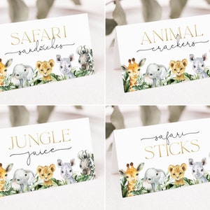 Sjabloon voor Safari-voedseletiketten. Jungle voedseletiketten Wild One 1e verjaardag Feestbeesten Plaatskaarten bewerkbare gevouwen tentkaarten J1 J2 J3 J4 J5