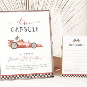 Modelo de cápsula do tempo de carro de corrida Fast One para o primeiro aniversário, cartão de nota para impressão de cápsula do tempo editável de primeiro aniversário de carro de corrida vintage para meninos, RC1 R7