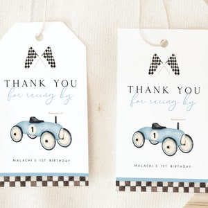 Baby Blue Race Car First Birthday Thank You Tag Template, Vintage Race Car 1st Birthday Favor Tag Template Editable Gift Tag for Boys R11 R7