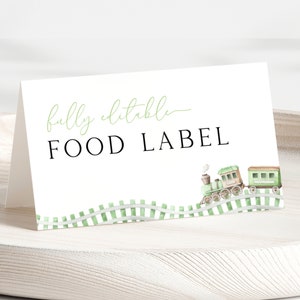Editable Train Food Labels Template. Chugga Choo Boy Green Train 1st Birthday Party Decor Food Label Cards Train Place Cards Tent Card TR1
