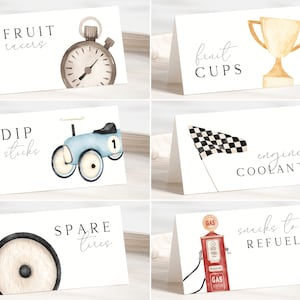 Baby Blue Race Car Food Labels 1st Birthday Template. First Birthday Editable Food Label Vintage Race Car Printable Tent Place Cards R11 R7