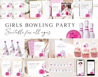 Bowling Birthday Bundle Editable Template Bowling Party Bundle Strike Bowling Invitation Bowling Birthday Party Bundle Any Age for Girls BW2