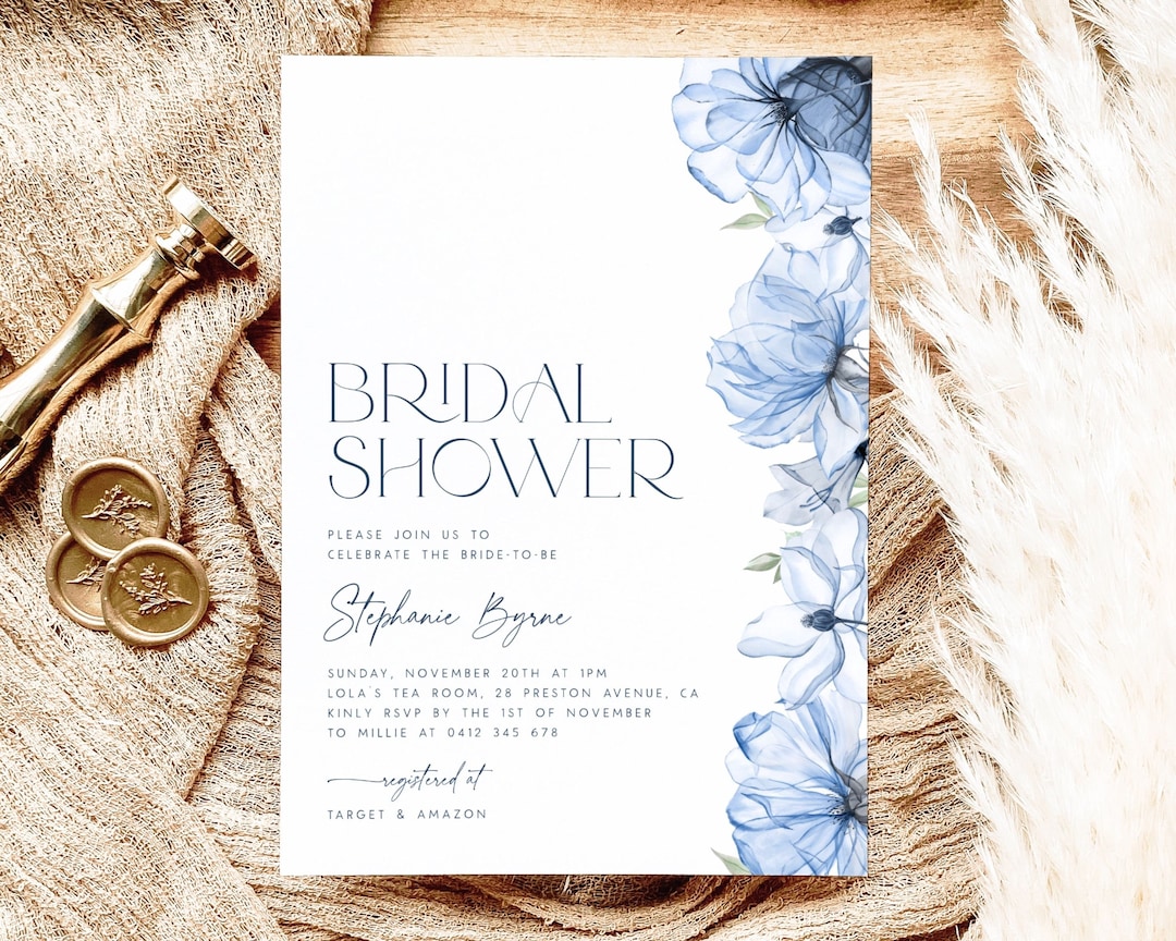 Dusty Blue Bridal Shower Invitation Template. Blue Floral Bridal Shower