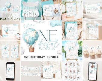 Onederful World First Birthday Bundle, Blue Onederful First Year Birthday Invitation Template Bundle Hot Air Balloon Mr Onederful Boys, ON3