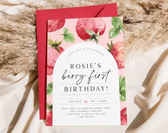 Berry First Birthday Invitation Template. Strawberry Invitation Strawberry Birthday Girl Editable Berry Invite for Girls Instant Download B8
