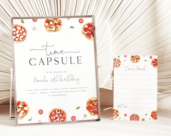 Può includere: Un cartello bianco con cornice nera e il testo "time capsule" in scrittura corsiva nera. Il cartello include anche il testo "To be opened on Noah's 18th birthday" e istruzioni per scrivere un messaggio speciale per Noah. Il cartello è decorato con illustrazioni ad acquerello di fette di pizza, pomodori, funghi e foglie di basilico.
