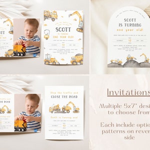 May include: A set of printable invitations for a first birthday party with a construction theme. The invitations feature a yellow and black construction truck, a yellow excavator, and a boy holding a toy truck. The text on the invitations reads "Stop the Traffic and Close the Road" and "Scott is turning one!"
