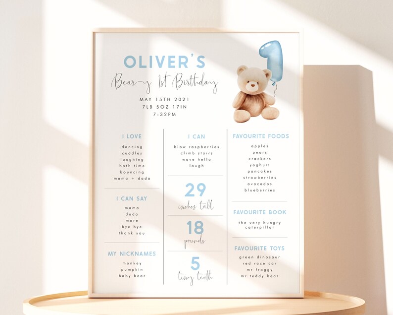 Bear 1st Birthday Milestone Sign Editable Template Beary First Birthday ...