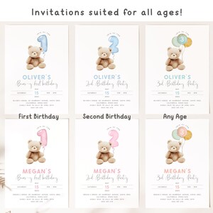 May include: Printable invitation templates for a bear-themed birthday party. The invitations feature a cute cartoon bear holding balloons with the numbers 1, 2, and 3. The text on the invitations says "Oliver's Bear-y First Birthday", "Oliver's 2nd Birthday Party", and "Oliver's 3rd Birthday Party". There are also invitations for a girl's birthday party with the name "Megan".