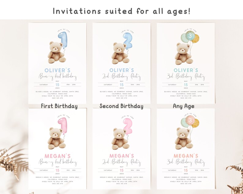 May include: Printable invitation templates for a bear-themed birthday party. The invitations feature a cute cartoon bear holding balloons with the numbers 1, 2, and 3. The text on the invitations says "Oliver's Bear-y First Birthday", "Oliver's 2nd Birthday Party", and "Oliver's 3rd Birthday Party". There are also invitations for a girl's birthday party with the name "Megan".