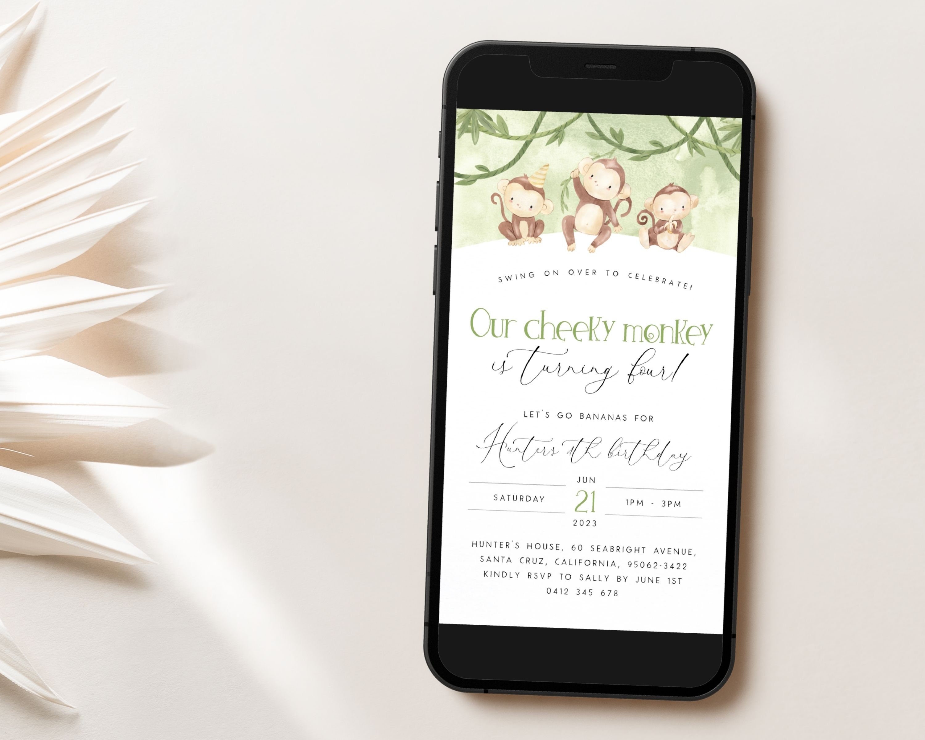 Monkey Birthday Evite Template, Editable Monkey Digital Invitation Jungle Birthday Safari Birthday Text Invite Editable Invite Any Age MO1